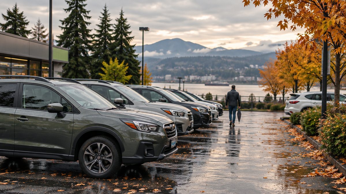 A row of used cars on a wet New Westminster dealership lot under autumn trees and soft overcast light