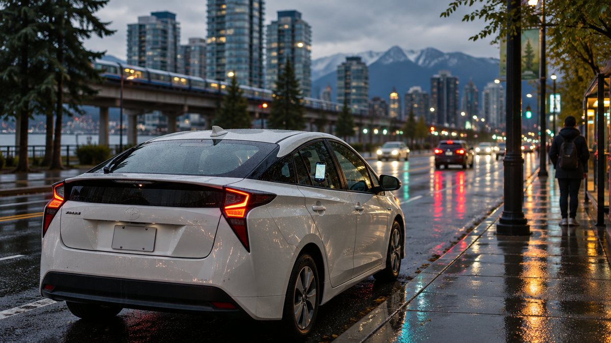 A white hybrid sedan waiting at the curb on a rainy downtown Vancouver evening with a phone mounted on the dashboard