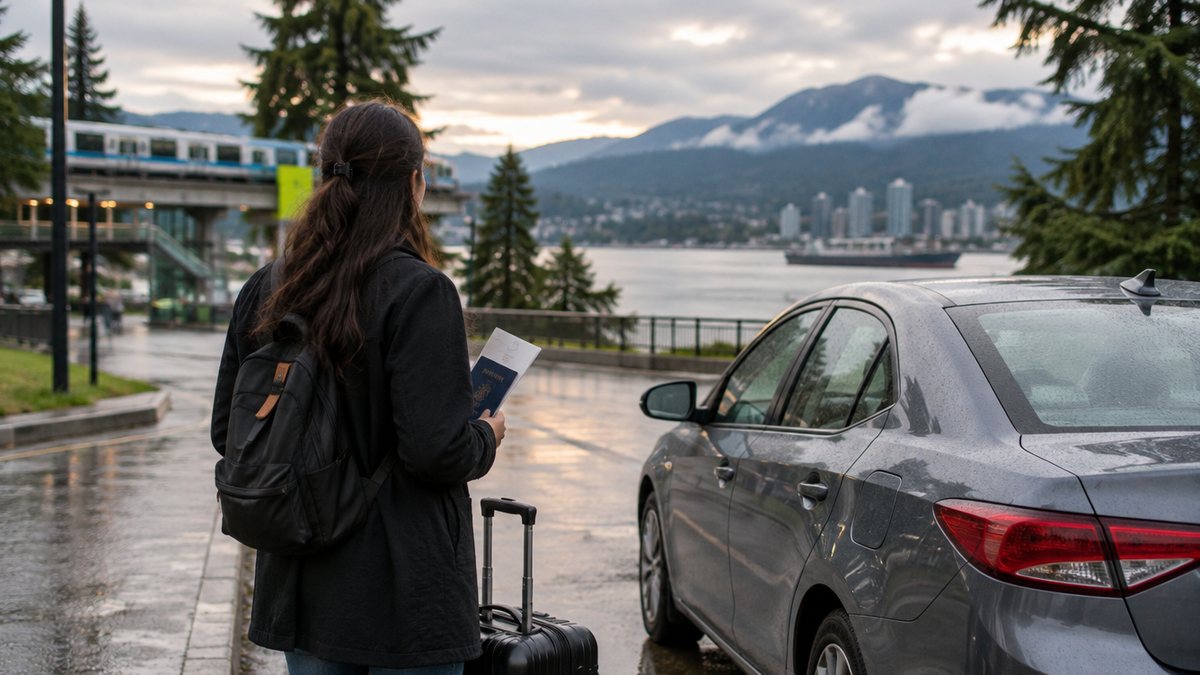 A newcomer seen from behind holding a passport and a blank folded document beside a compact sedan near a New Westminster SkyTrain station