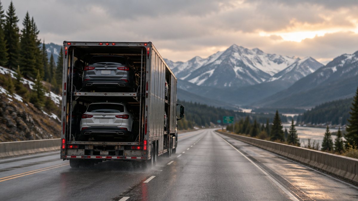 An enclosed car carrier heading east on the Trans-Canada Highway through the Rocky Mountains near the BC and Alberta border