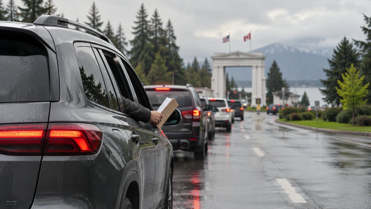 A mid-size SUV in the line of cars approaching the Peace Arch border crossing on a wet, overcast afternoon