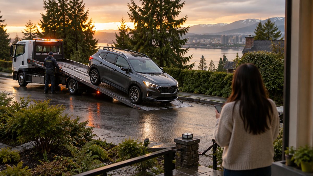 A car carrier lowering a compact SUV onto a New Westminster street at golden hour while the buyer waits on the front steps