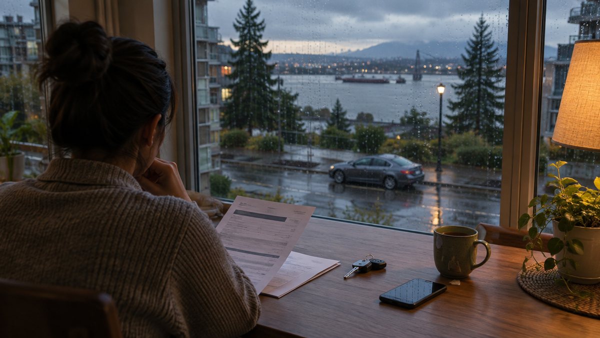 A person seen from behind at a kitchen table reviewing a car loan statement beside car keys on a rainy evening