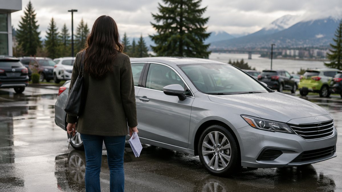 A buyer standing beside a silver sedan on a dealership lot in New Westminster, keys in one hand and paperwork in the other