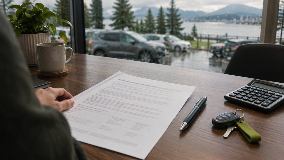 Overhead view of a vehicle purchase agreement on a dealership desk with a pen, keys and a calculator