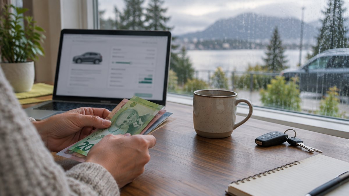 Hands counting a cash down payment at a kitchen table beside a laptop loan calculator and car keys