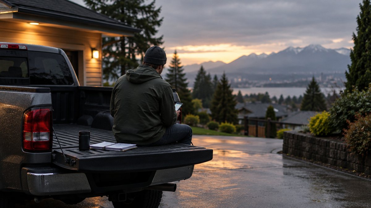 A person sitting on a pickup tailgate in a Surrey driveway at dusk, working through loan paperwork on a phone