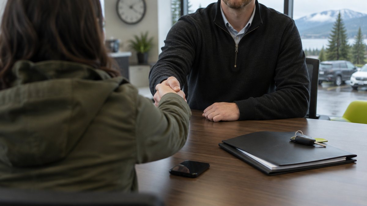 A handshake across a dealership desk beside a folder of documents and a set of car keys