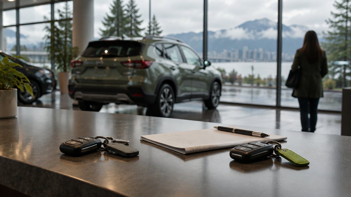 Two sets of car keys and a folded lease agreement on a dealership counter with a compact SUV behind the showroom glass