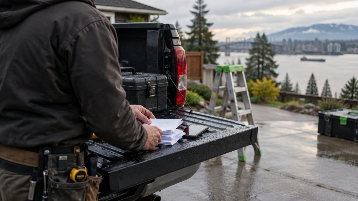 A tradesperson's hands sorting tax papers on the tailgate of a pickup truck at a job site
