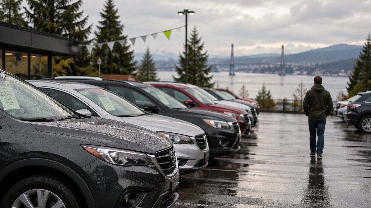 Rows of used cars on a New Westminster dealership lot under soft overcast light with the Fraser River behind